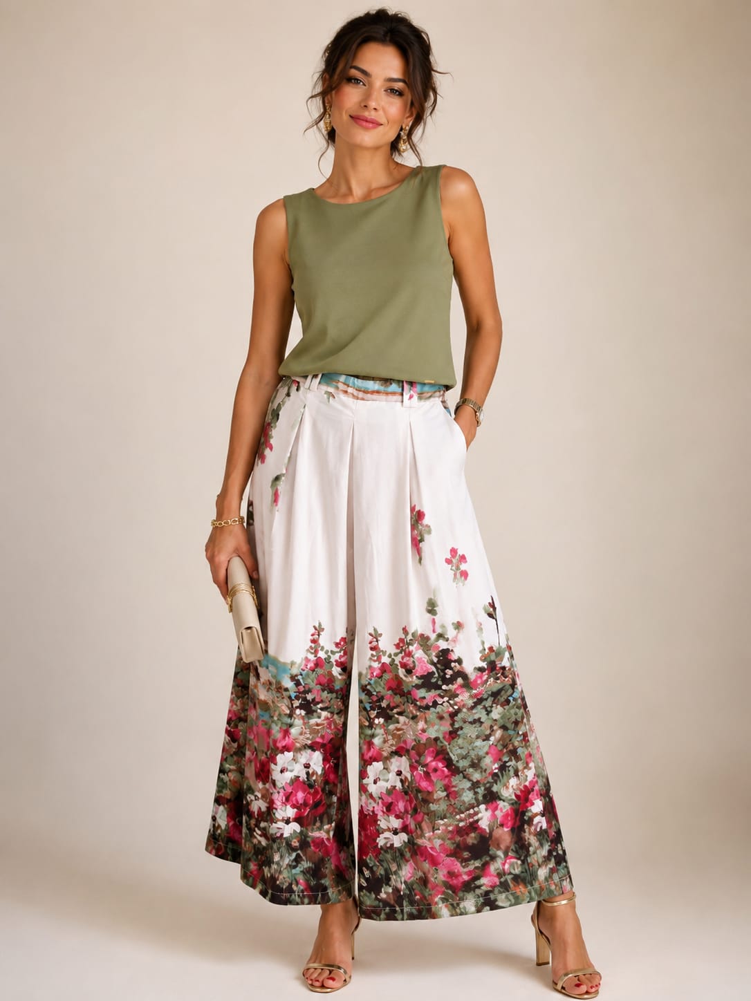 Ivory Floral Border Wide-Leg Palazzo Pants