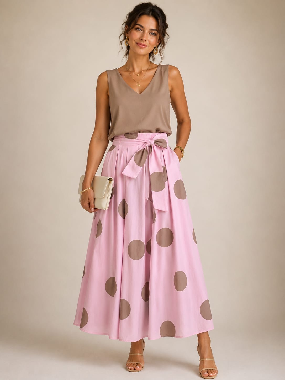 Pink Polka Dot Bow-Waist Maxi Skirt