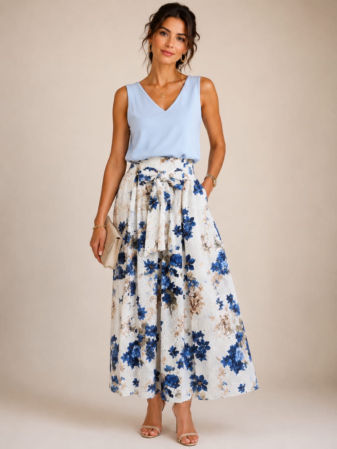 Ivory Blue Floral Eyelet Bow-Waist Midi Skirt