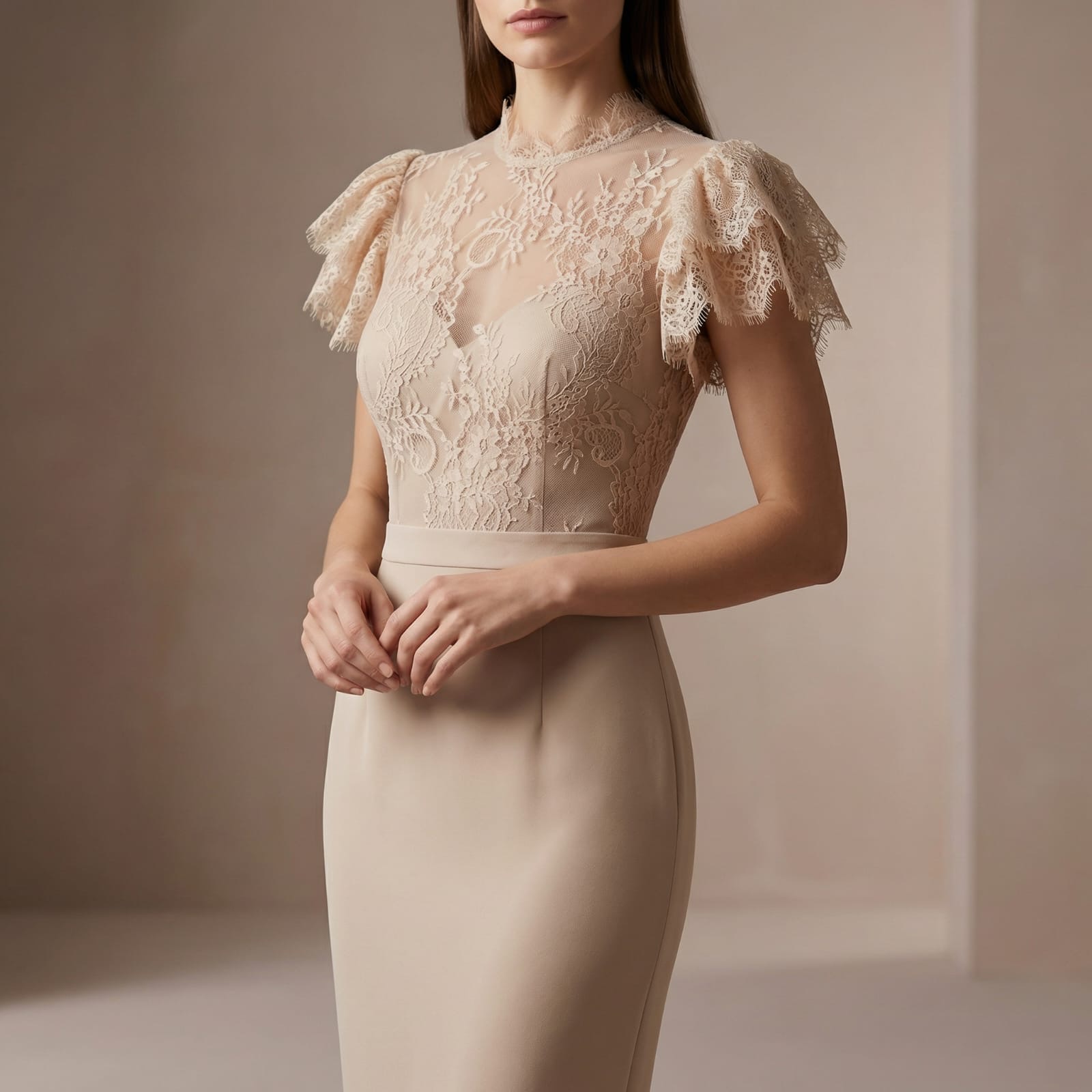 Beige Lace Flutter-Sleeve Gown