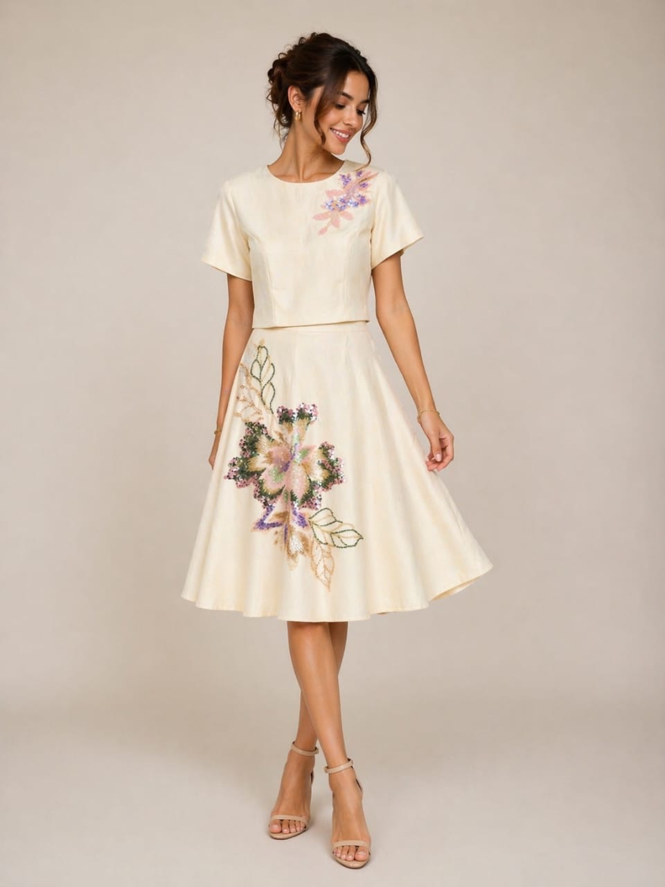 Cream Floral Beaded Top & Skirt Set