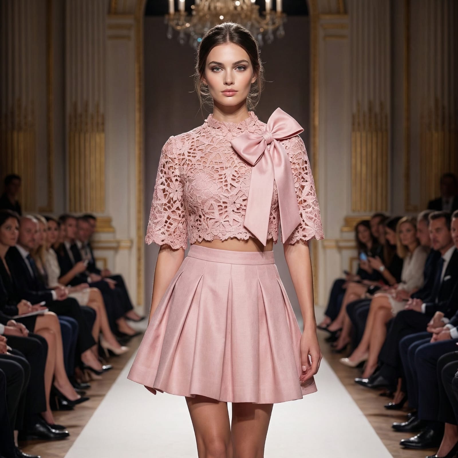 Pink Lace Bow Top & Pleated Skirt Set