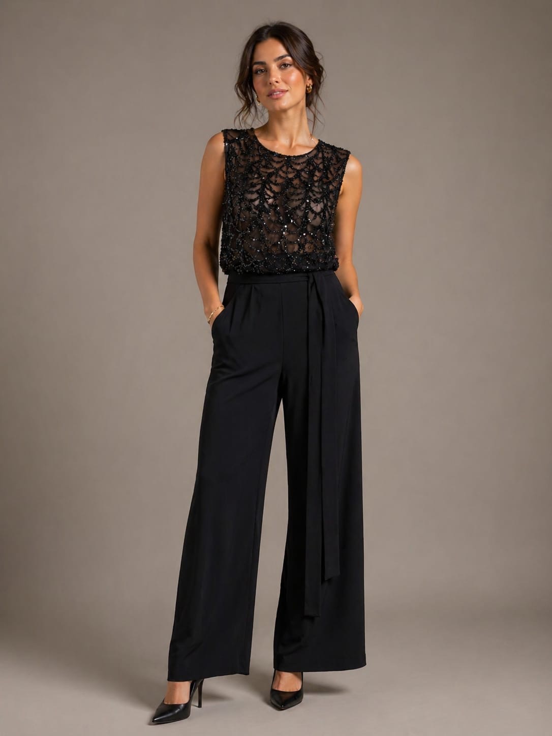 Black Sequin Bodice Wide-Leg Jumpsuit