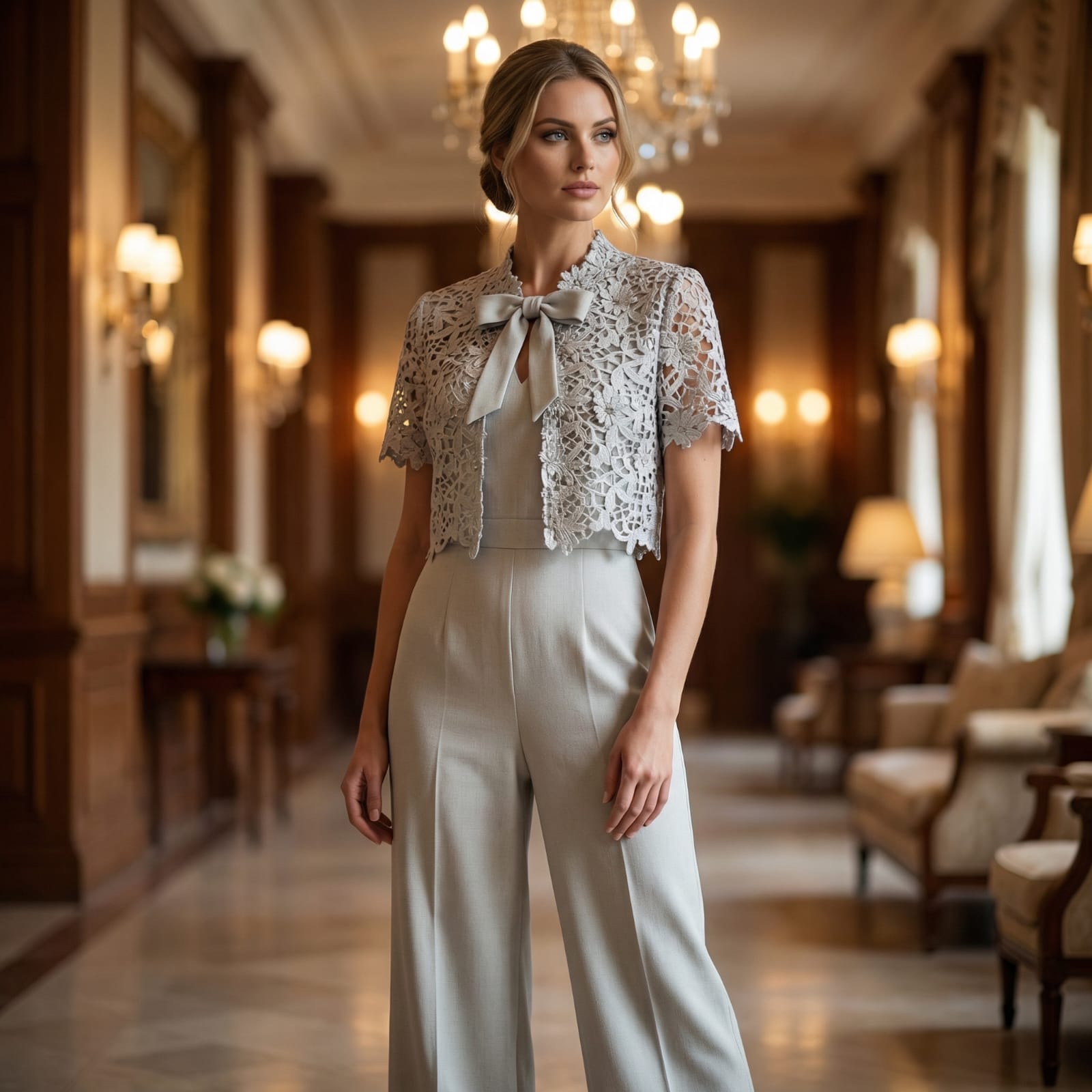 Silver Lace Bow Jumpsuit