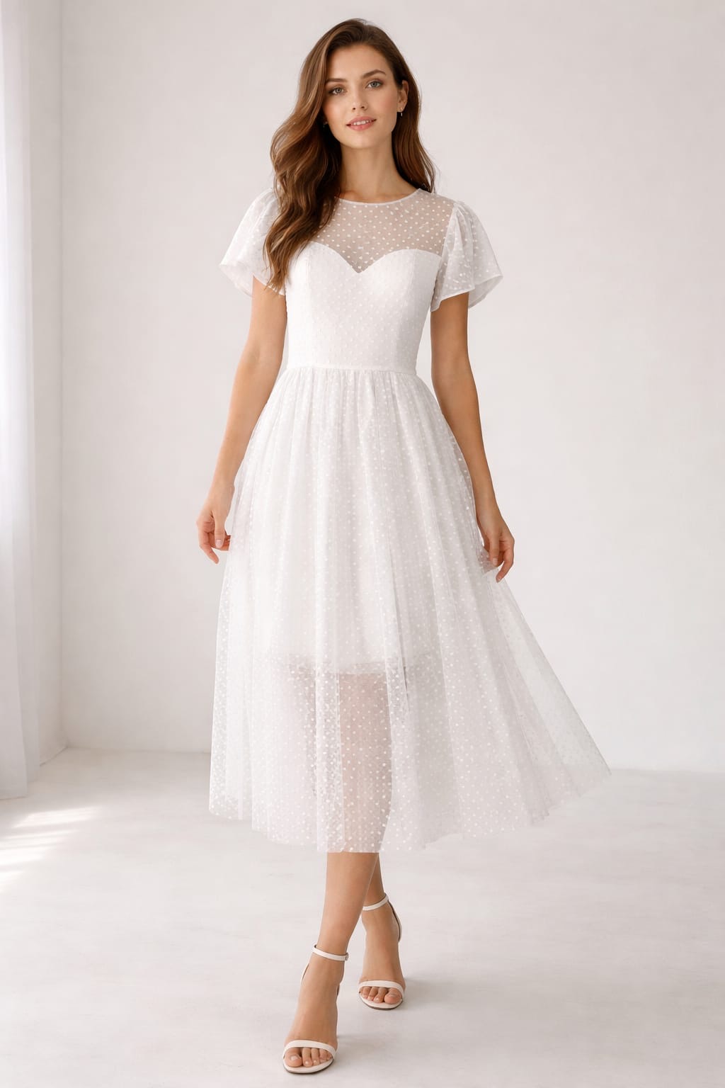 White Dotted Tulle Midi