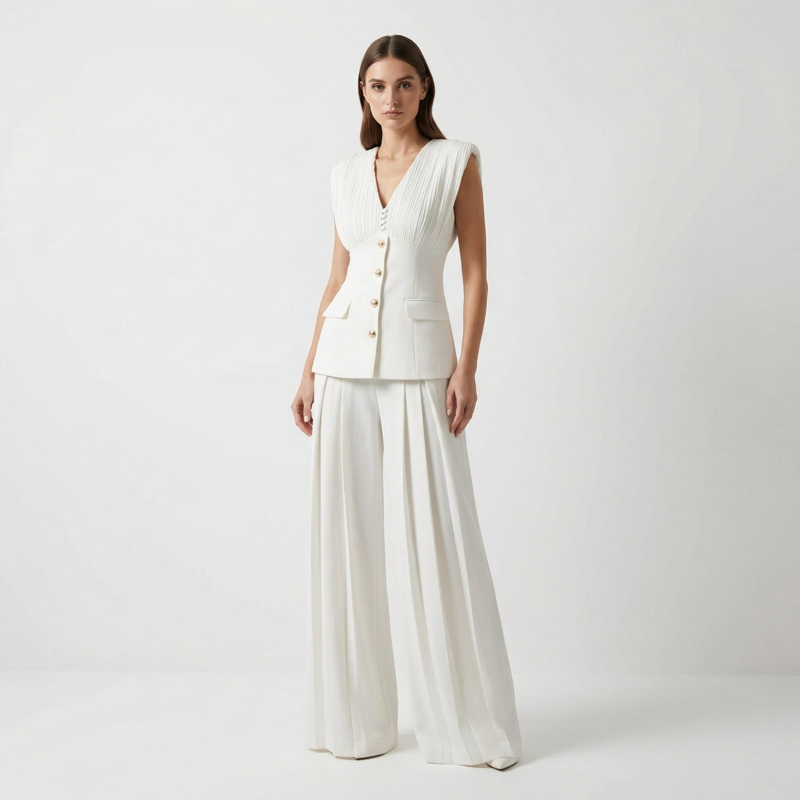 Ivory Pleated Vest & Trouser Suit