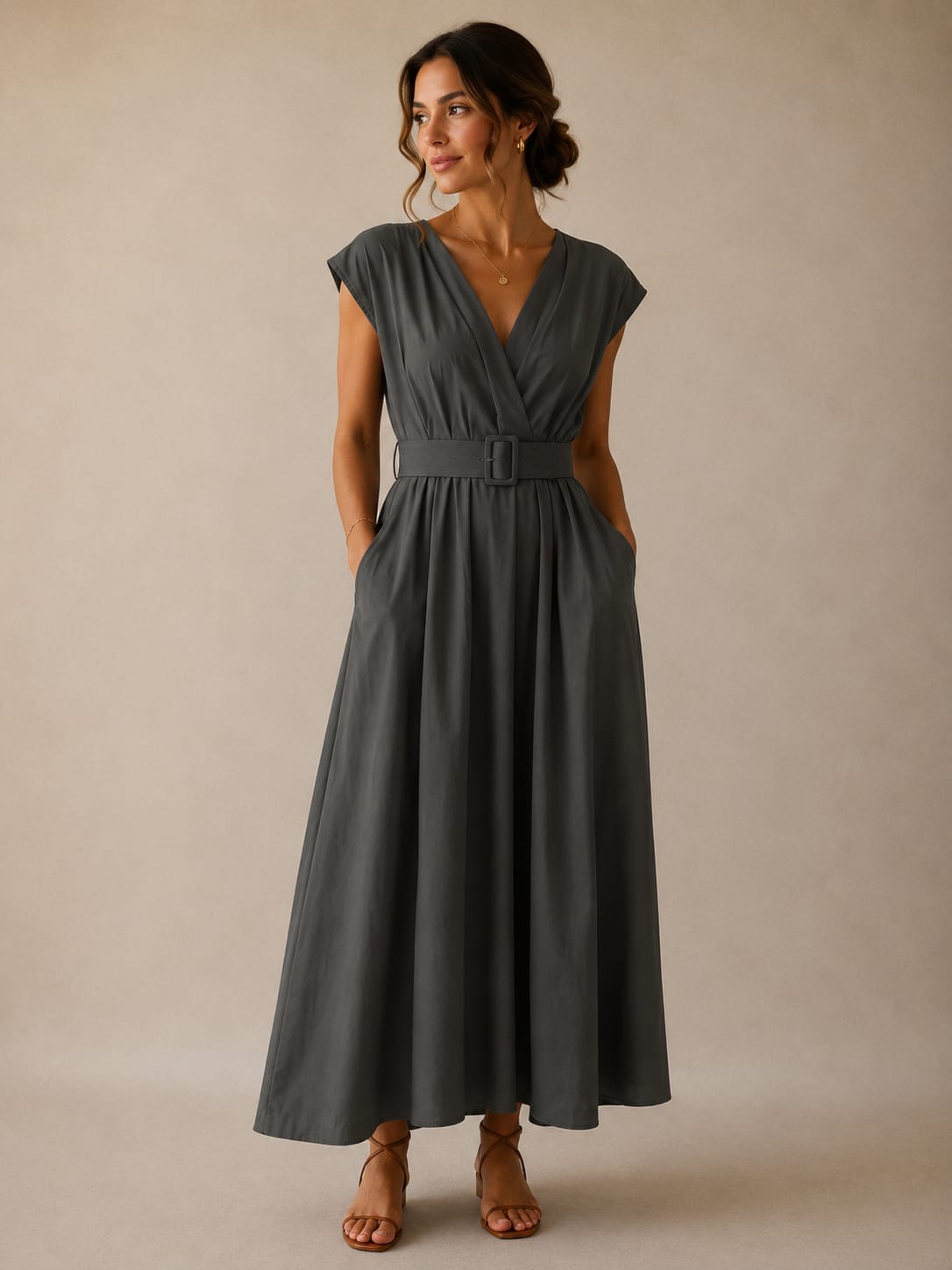 Charcoal V-Neck Belted Maxi Dress