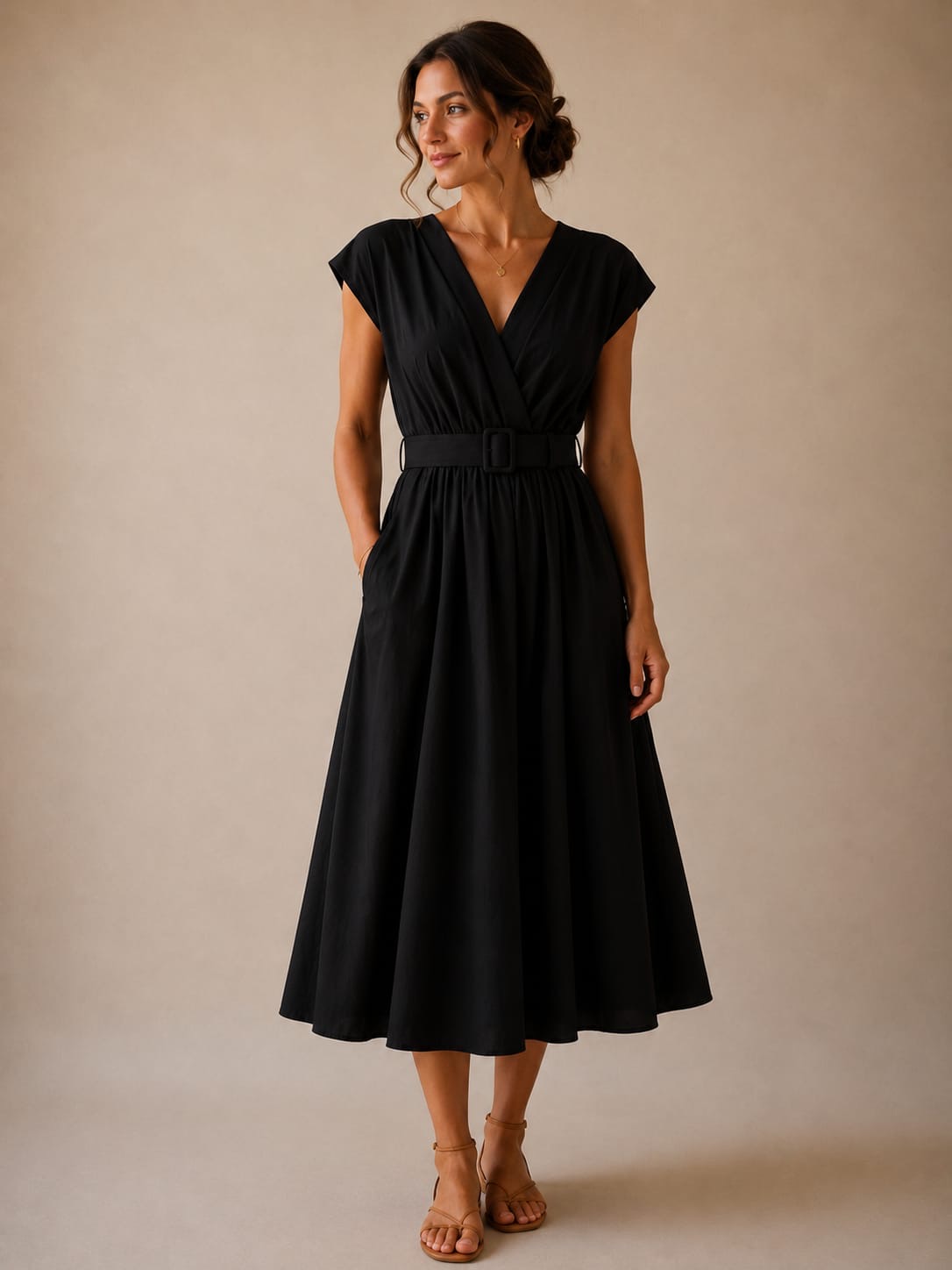 Black V-Neck Belted Midi Dress