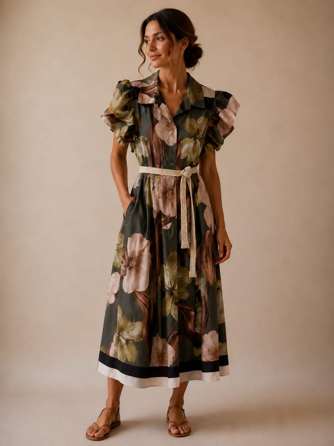 Olive Floral Ruffle-Sleeve Shirt Midi Dress