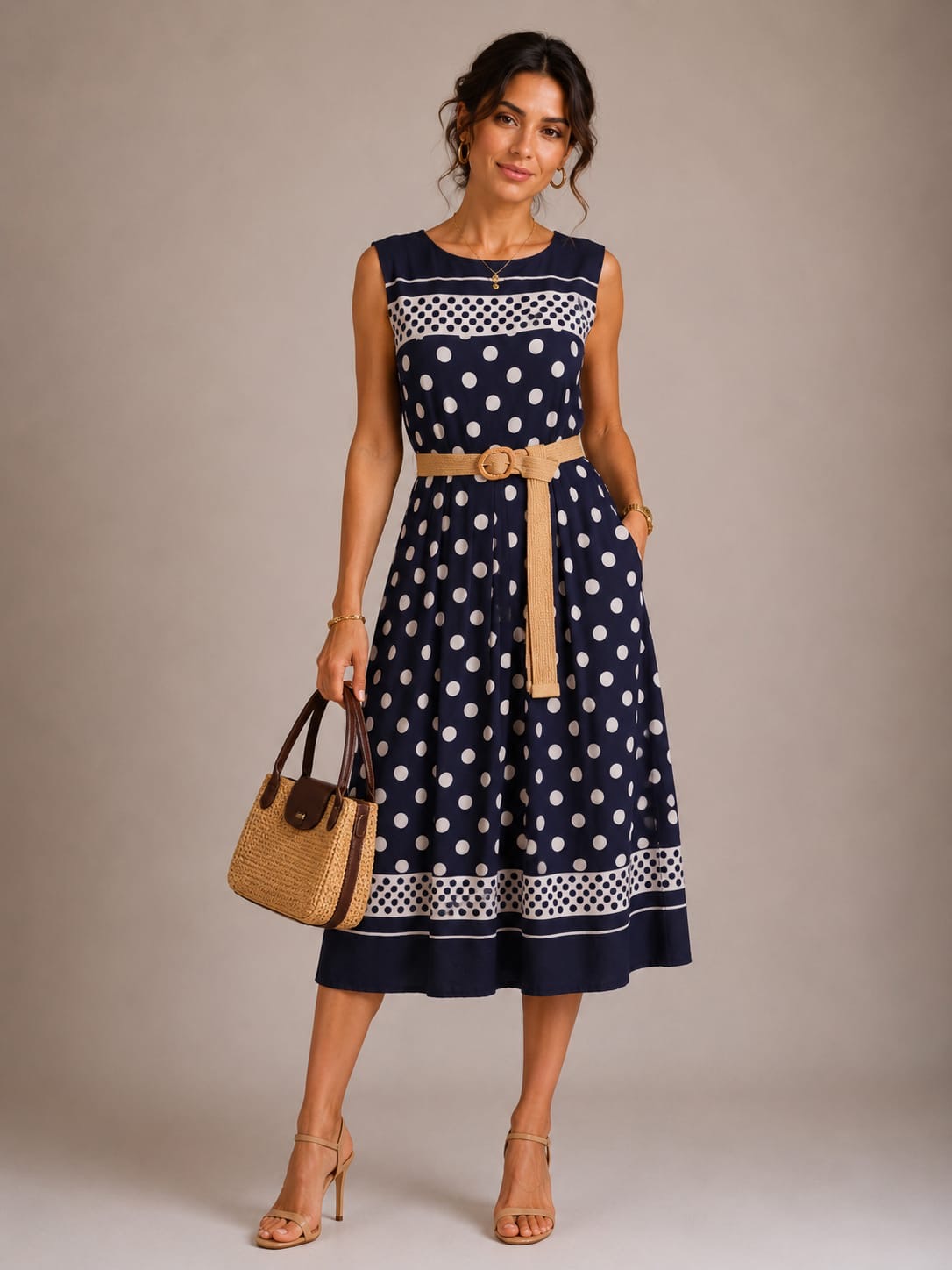 Navy Polka Dot Belted Midi Dress