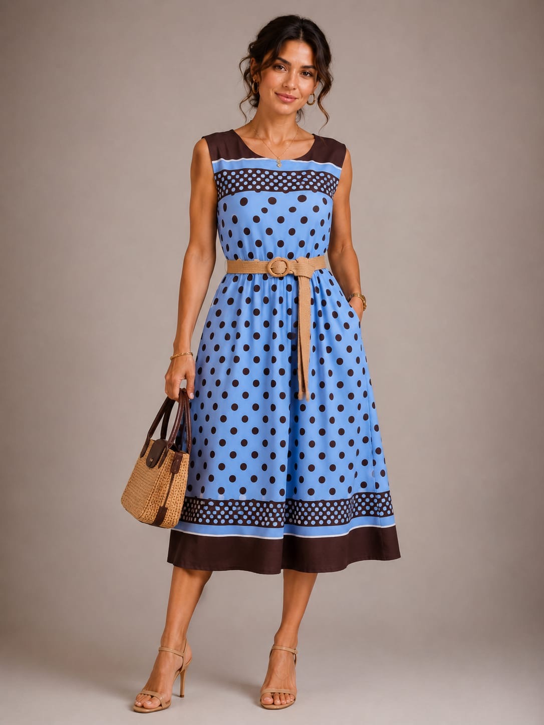 Blue Brown Polka Dot Belted Midi Dress