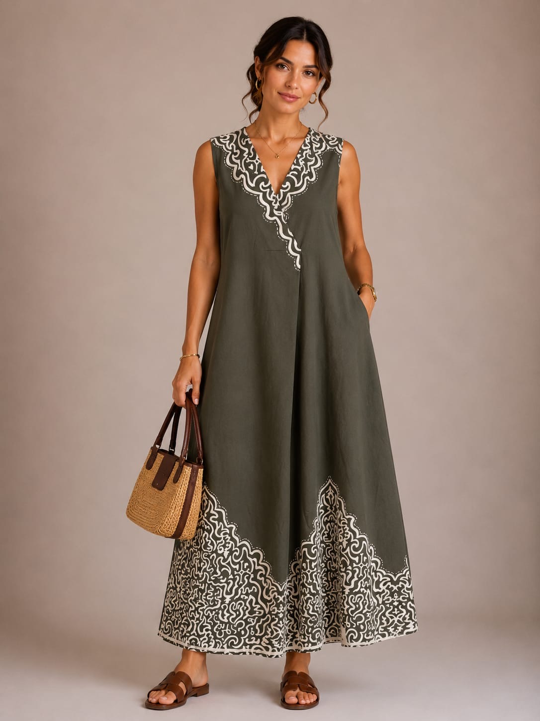 Olive Scalloped Border Sleeveless Maxi Dress