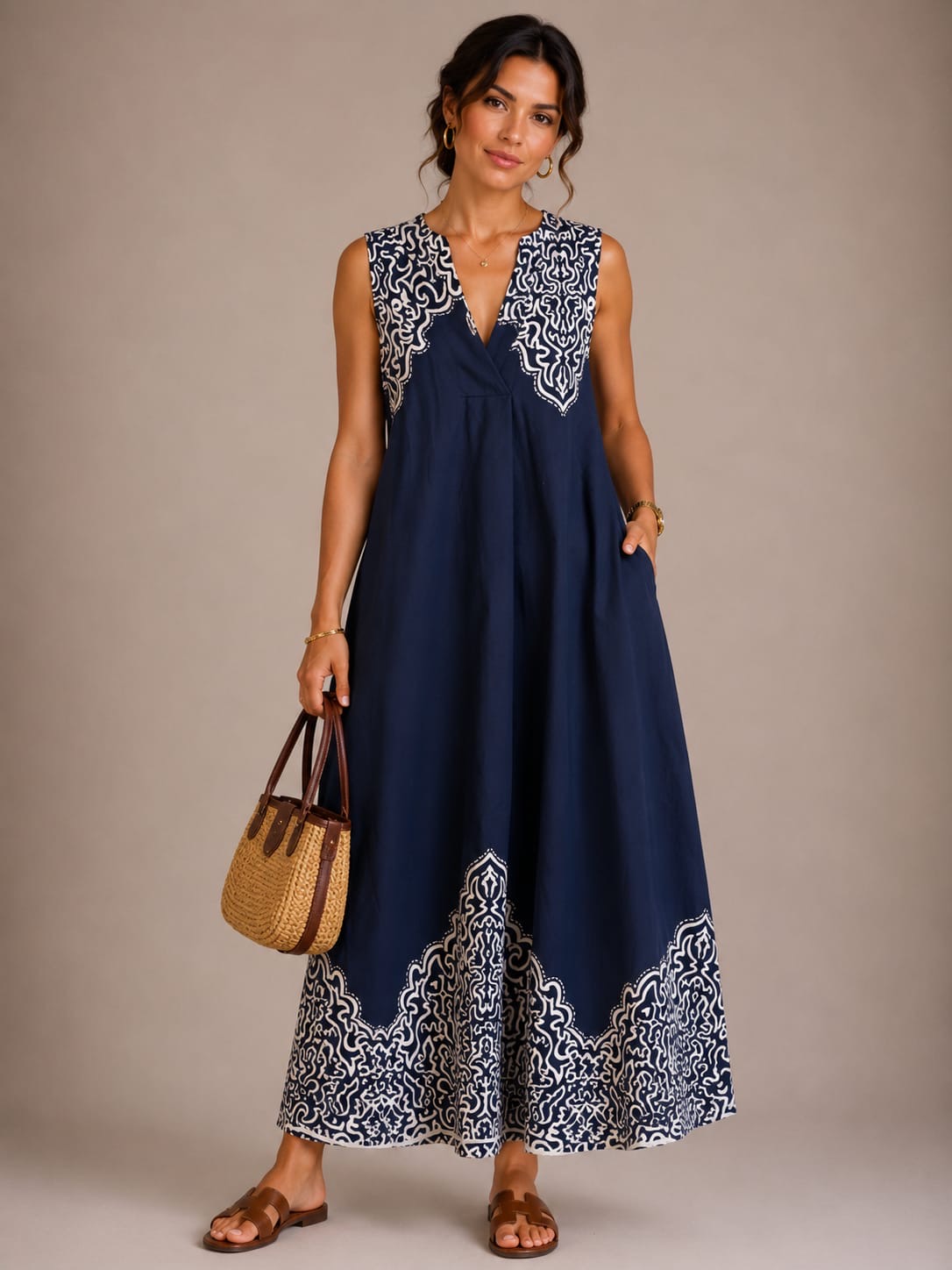 Navy Scalloped Border Sleeveless Maxi Dress