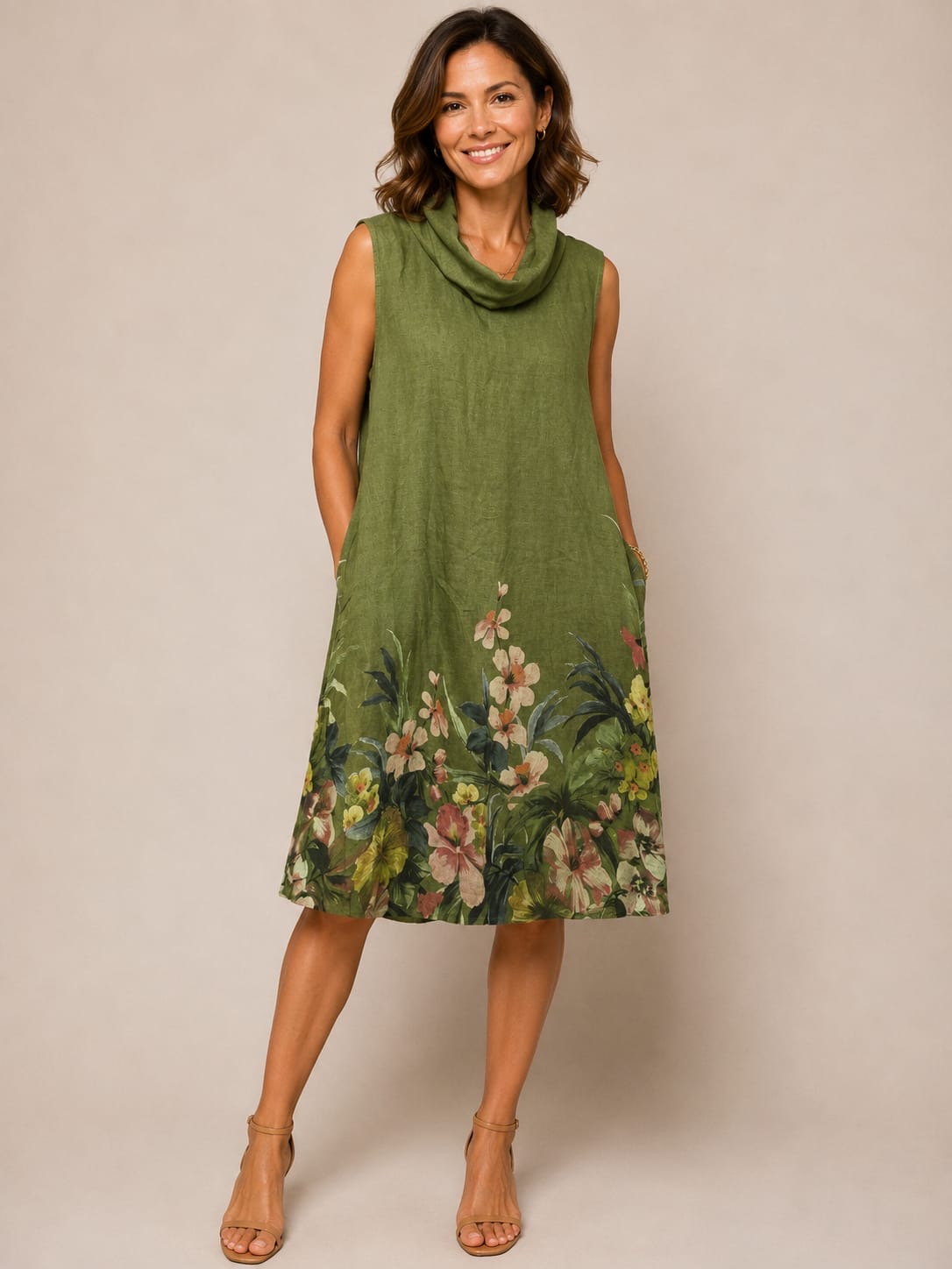 Olive Floral Cowl Neck Linen Dress