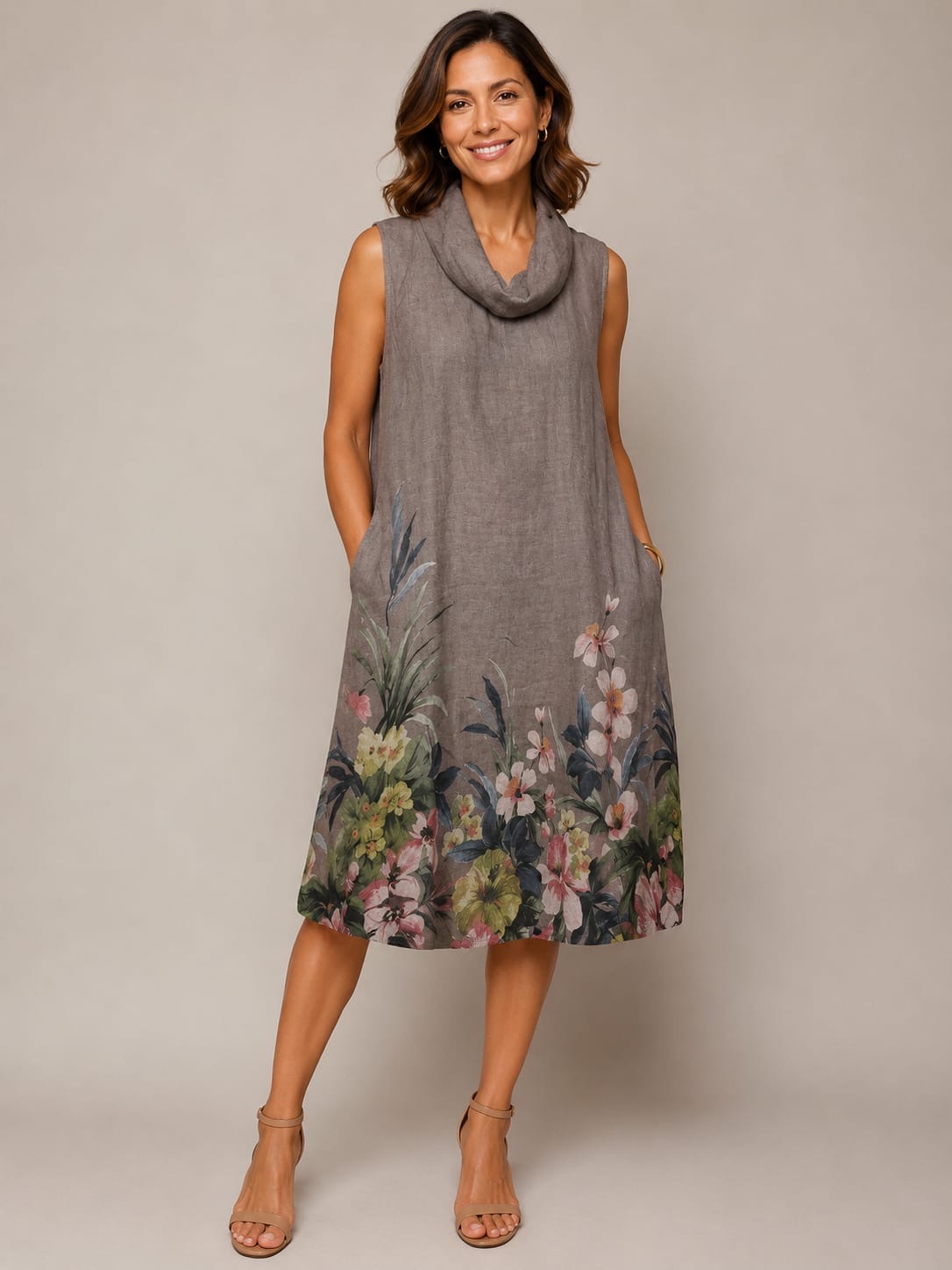 Taupe Floral Cowl Neck Linen Dress