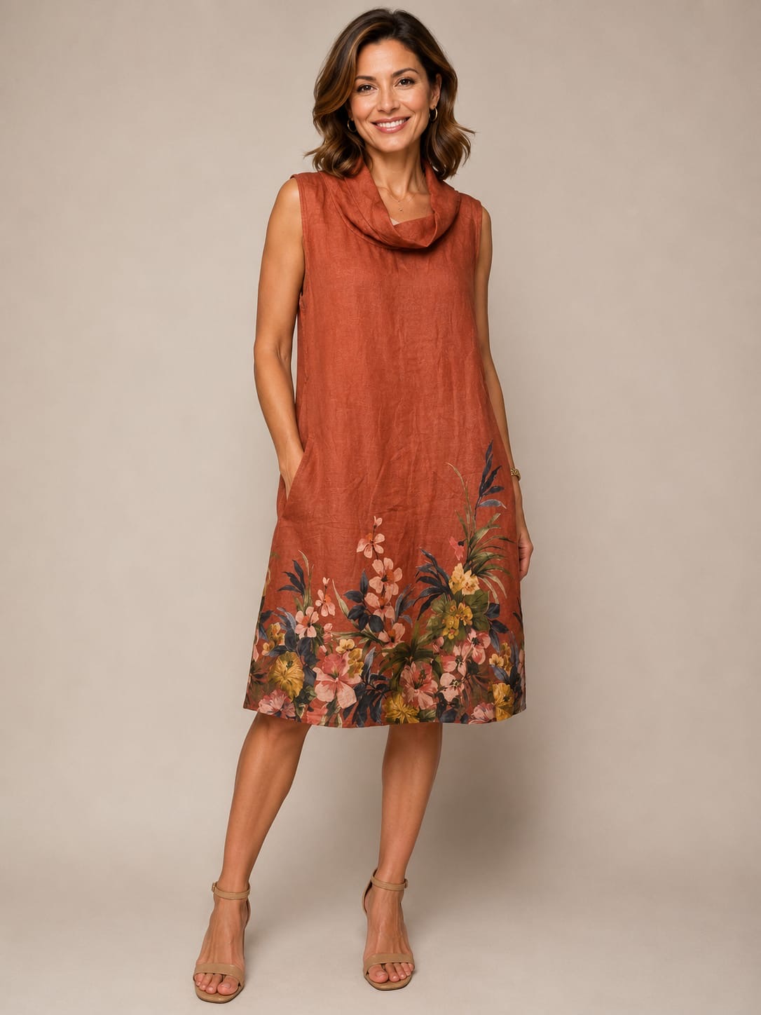 Rust Floral Cowl Neck Linen Dress