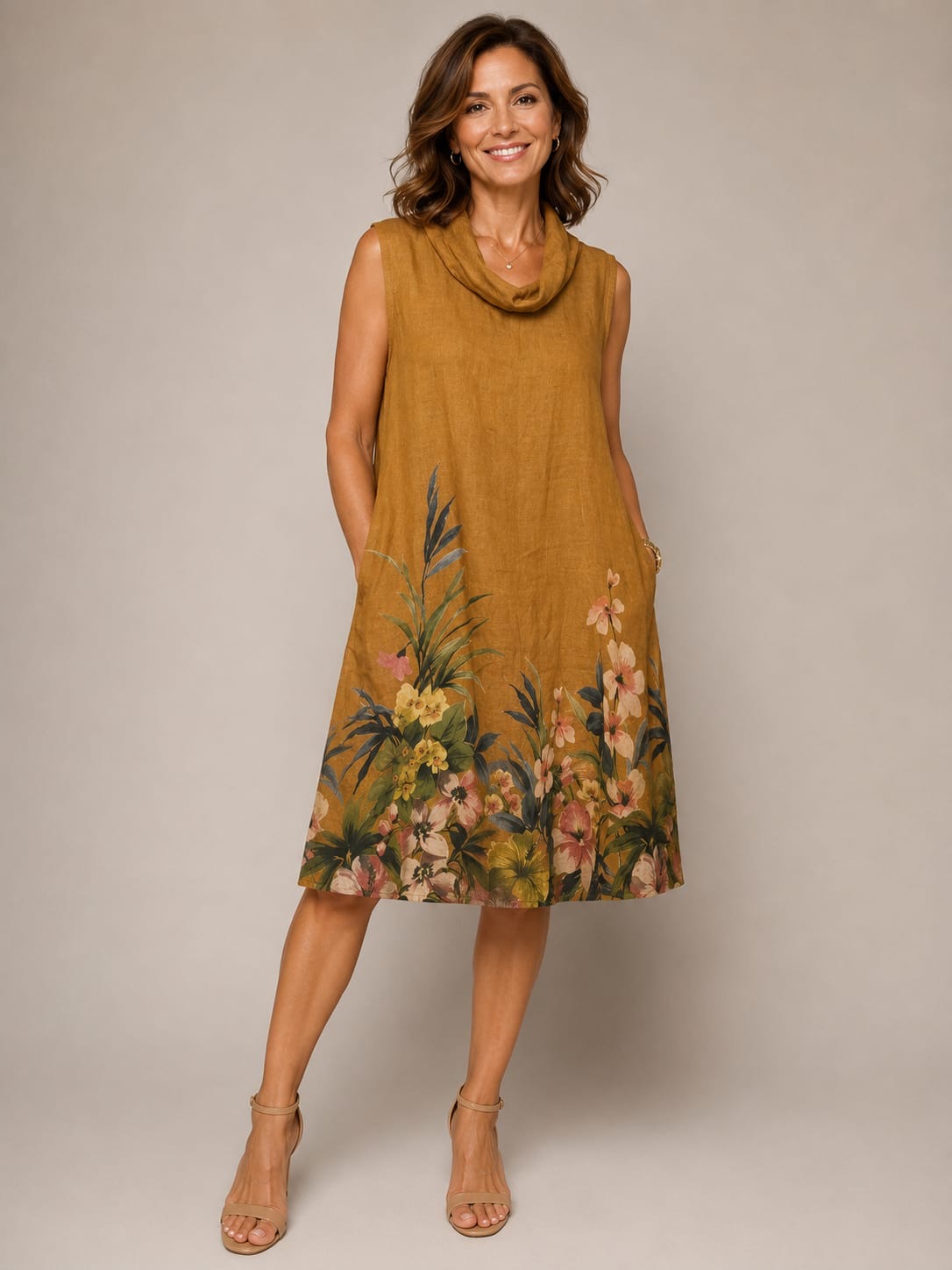 Mustard Floral Cowl Neck Linen Dress