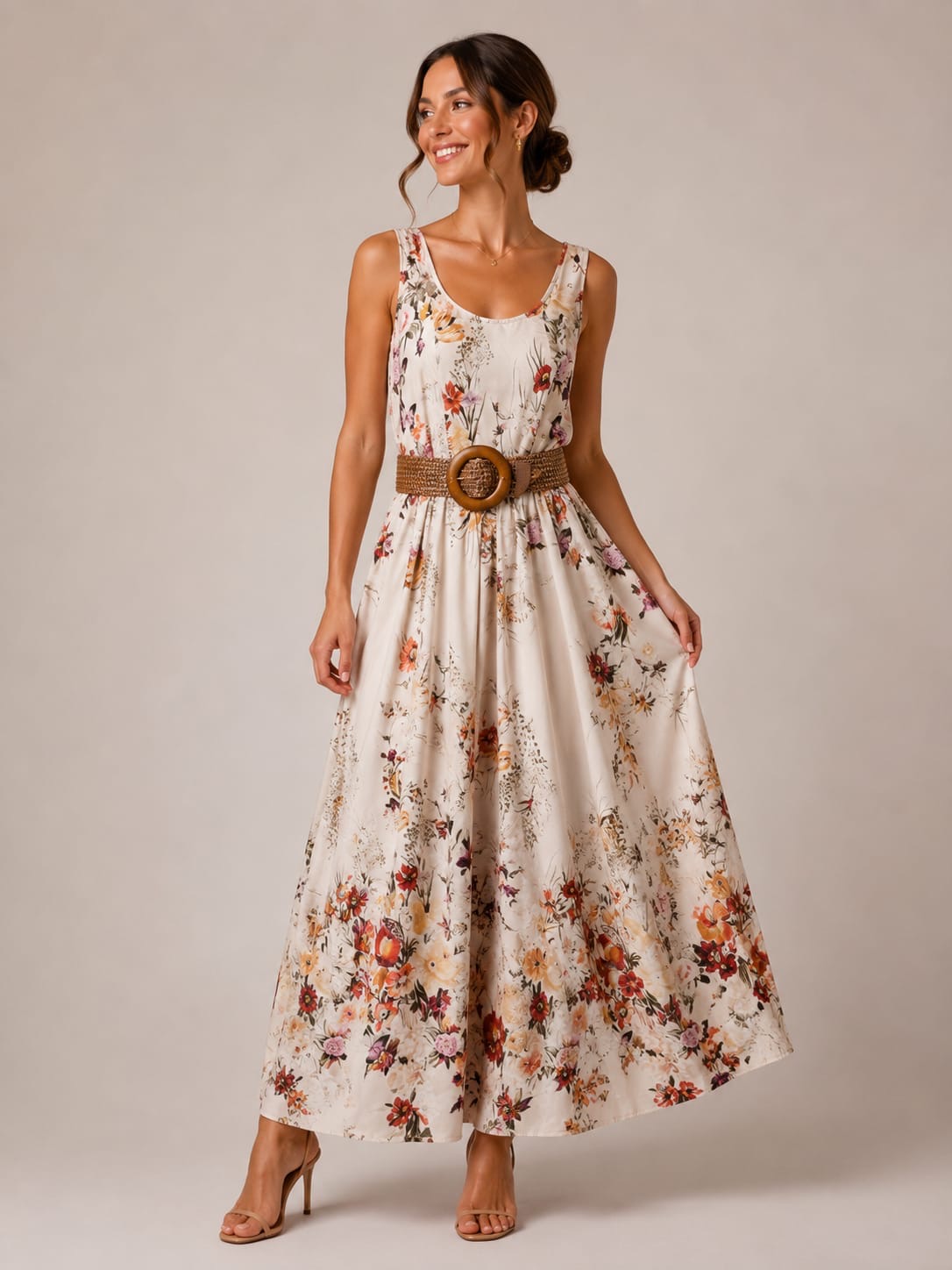 Cream Floral Belted Maxi Dress