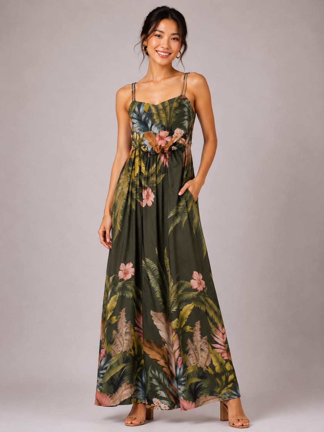 Olive Tropical Palm Maxi Dress