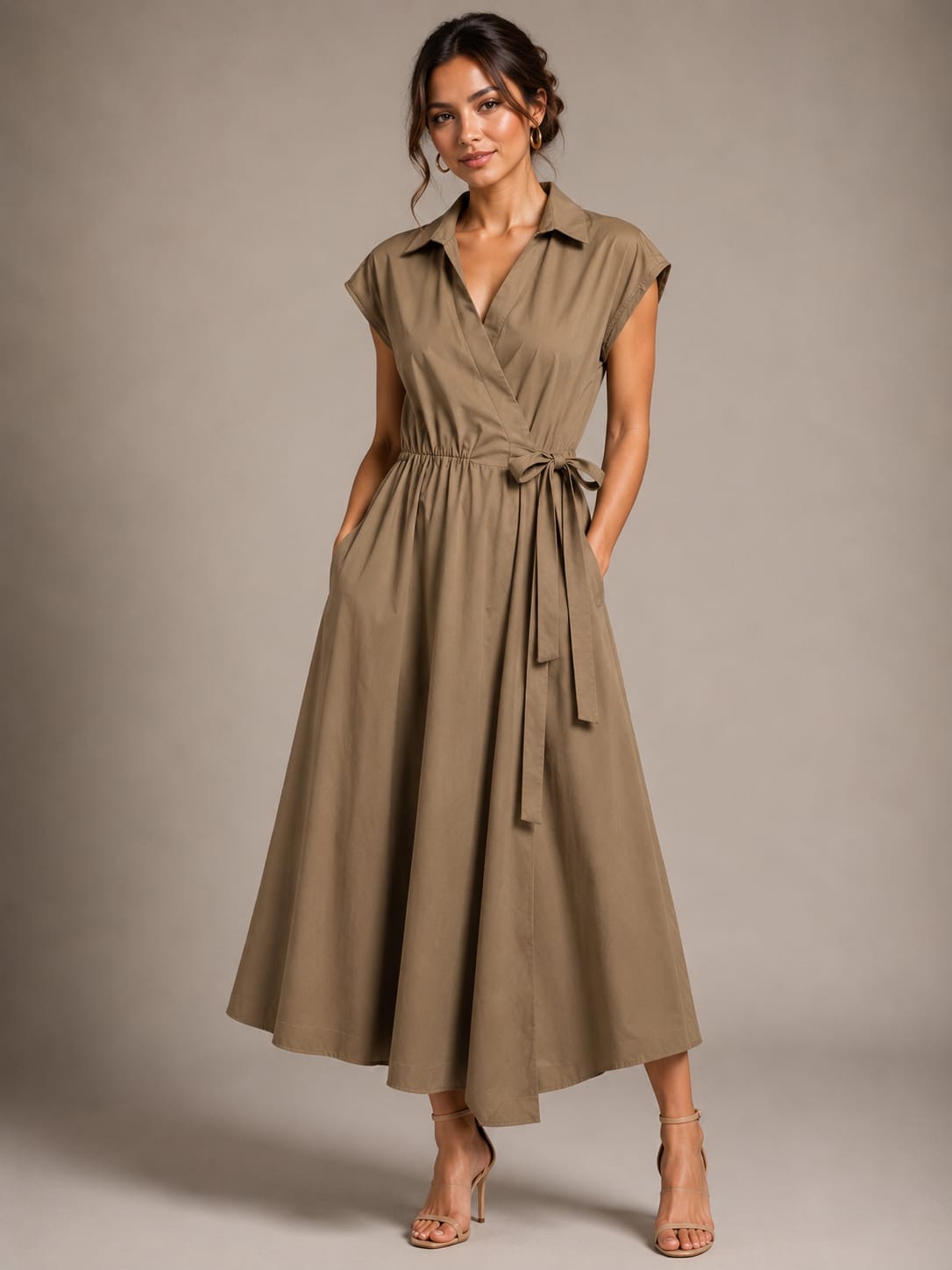 Taupe Cap-Sleeve Wrap Midi Dress