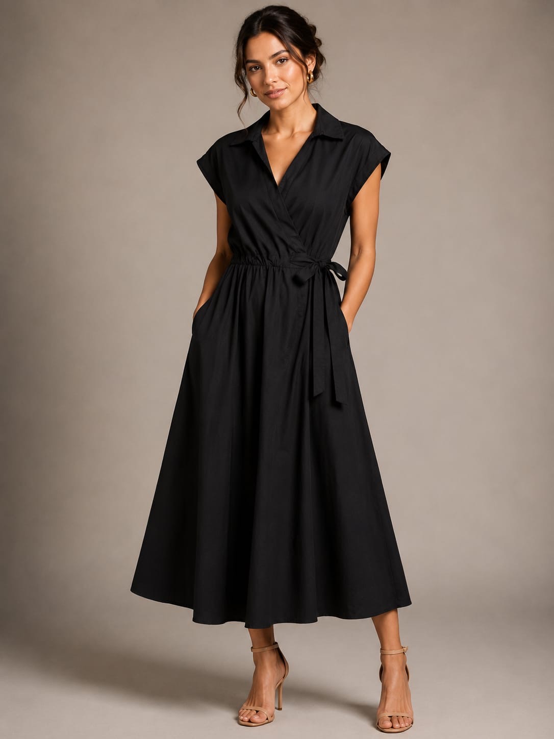 Black Cap-Sleeve Wrap Midi Dress