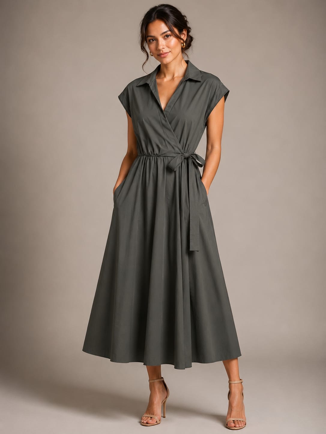 Charcoal Cap-Sleeve Wrap Midi Dress