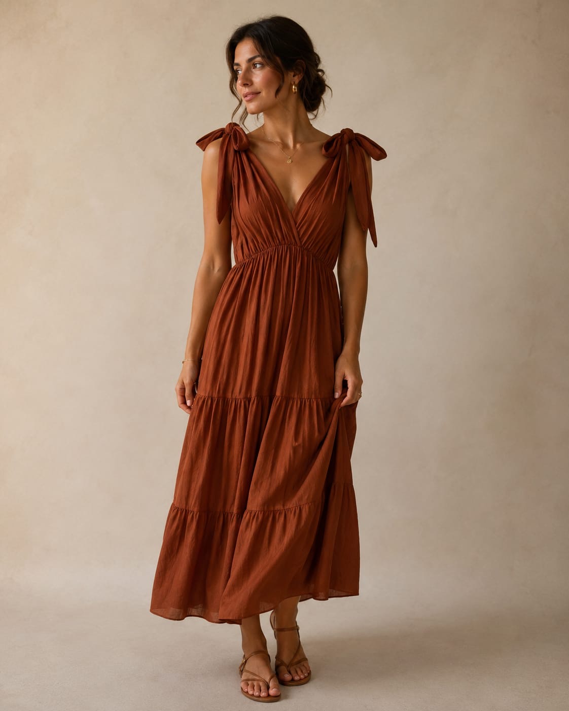 Rust Tie-Shoulder Tiered Maxi Dress