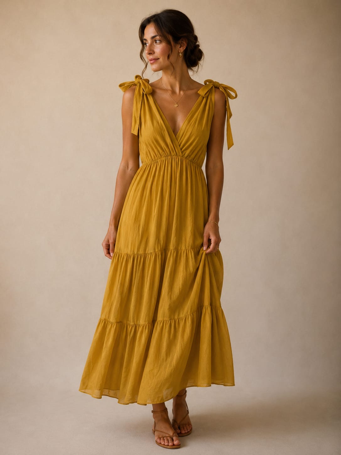 Mustard Tie-Shoulder Tiered Maxi Dress