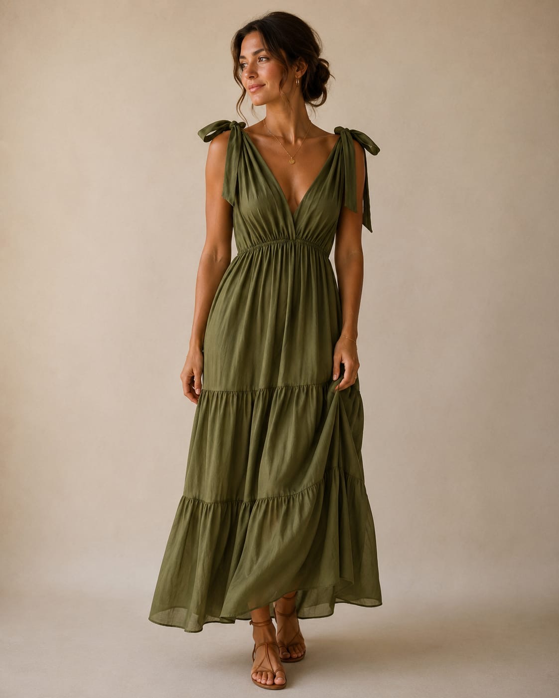 Olive Tie-Shoulder Tiered Maxi Dress