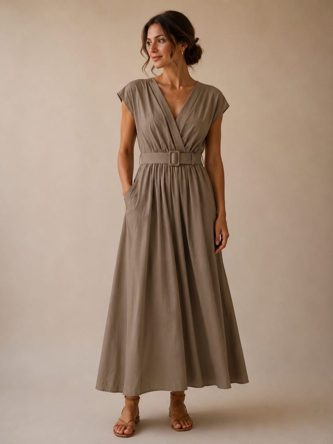 Taupe V-Neck Belted Maxi Dress