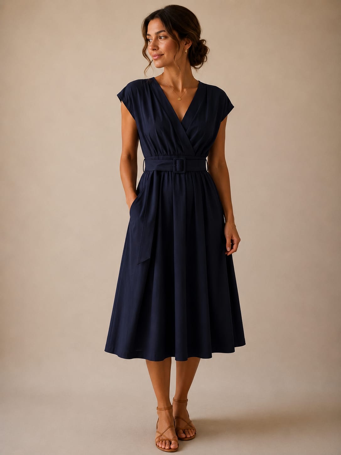 Navy V-Neck Belted Midi Dress