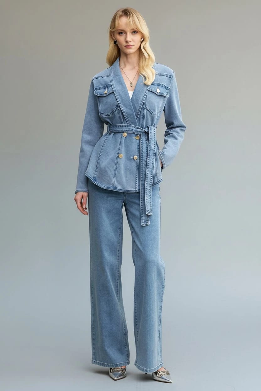 Light Wash Denim Belted Blazer