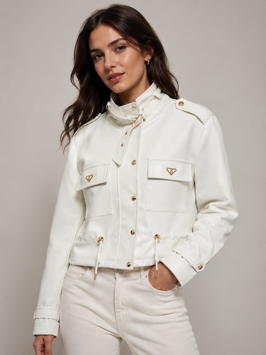 Ivory Gold-Hardware Drawstring Cropped Jacket