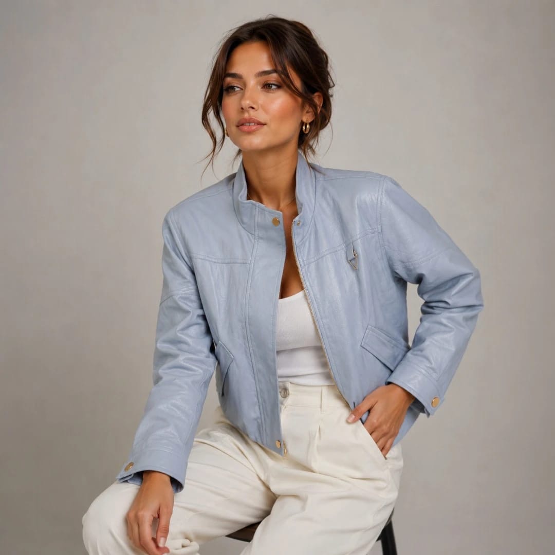 Sky Blue Cropped Moto Jacket