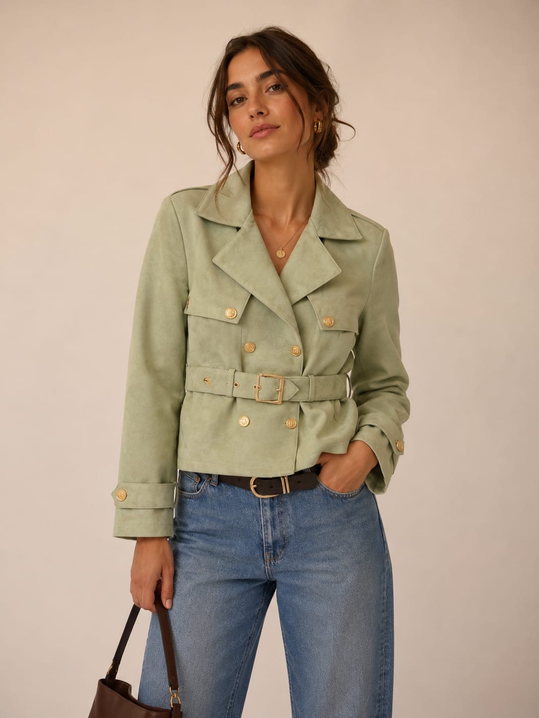 Sage Suede Belted Cropped Trench
