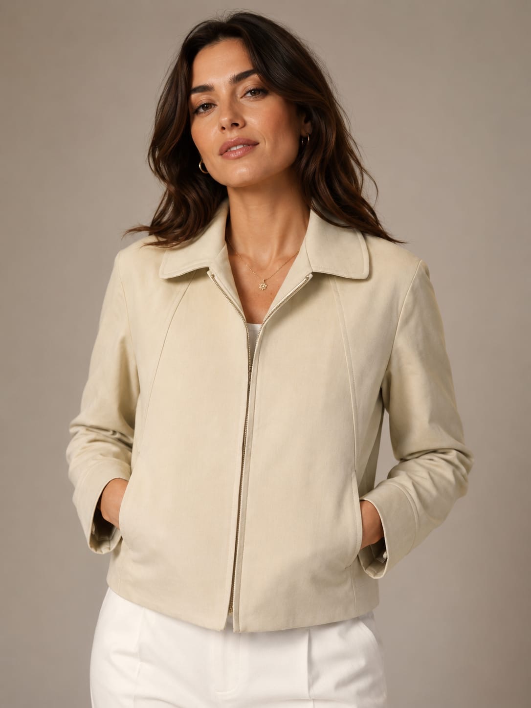 Sand Collared Zip-Front Cropped Jacket