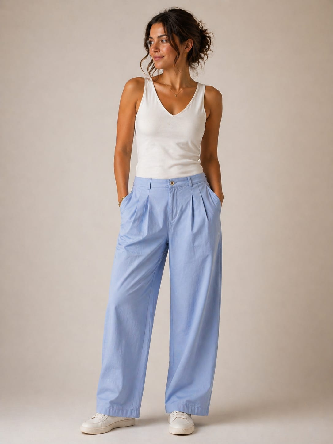 Sky Blue Pleated Wide-Leg Trouser