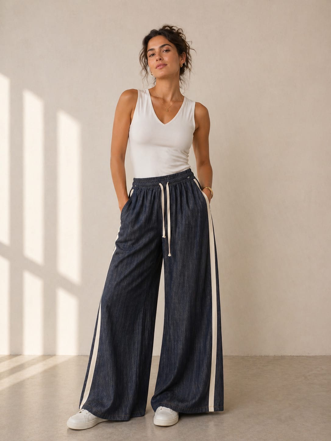 Indigo Side-Stripe Wide-Leg Trouser