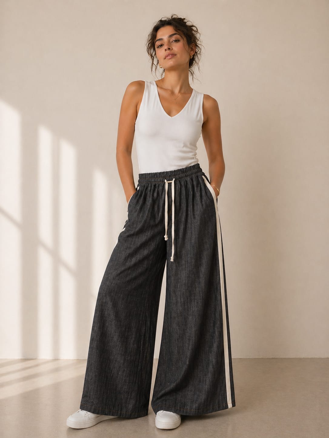 Charcoal Side-Stripe Wide-Leg Trouser