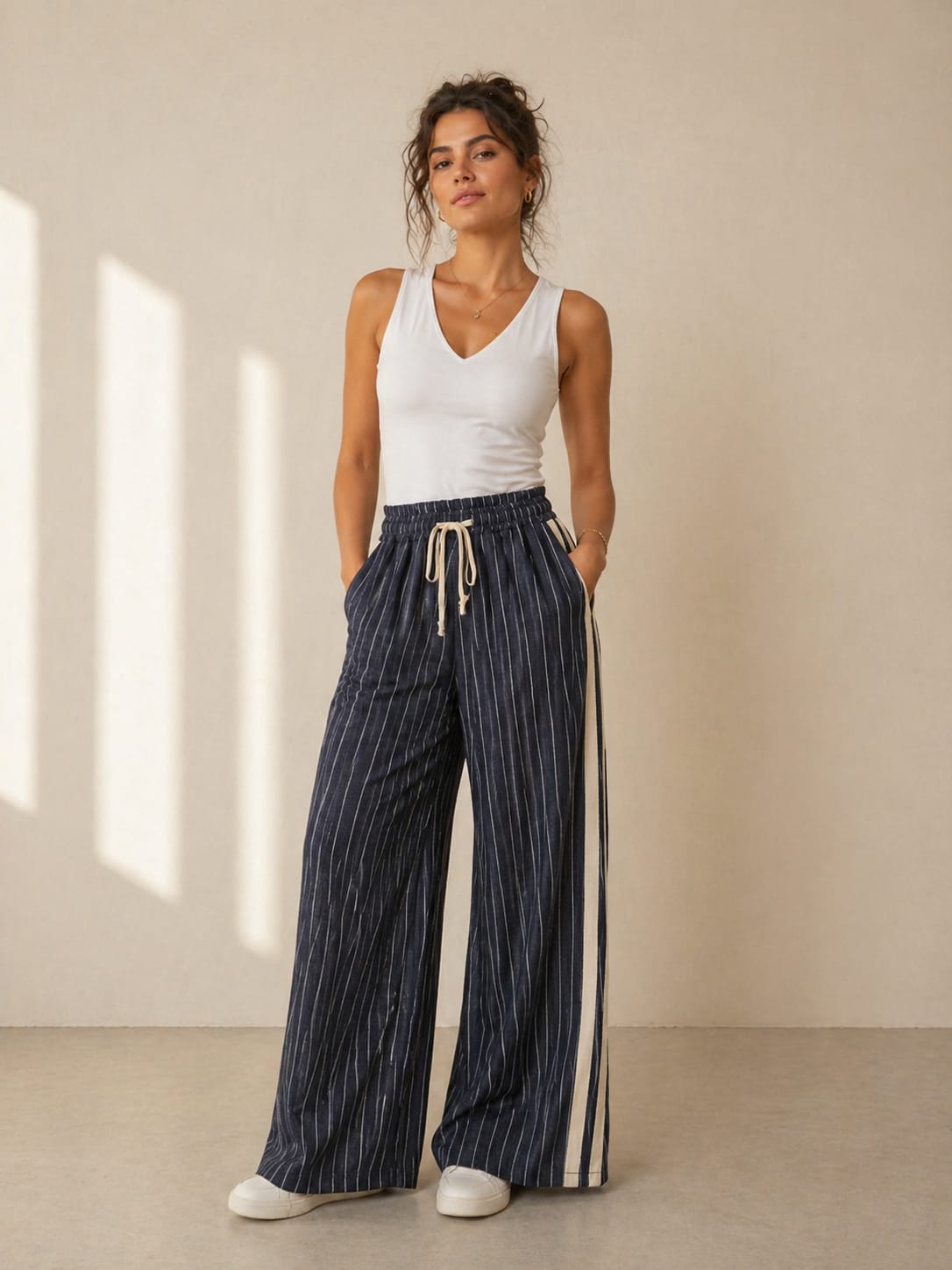Navy Pinstripe Side-Stripe Wide-Leg Trouser