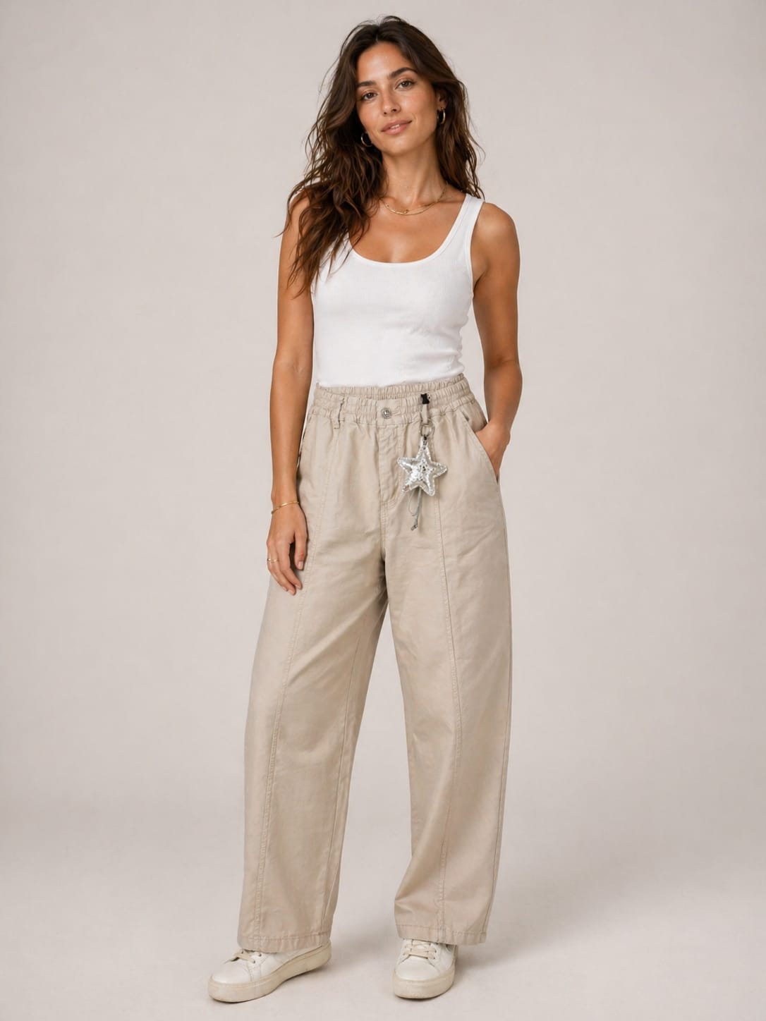 Stone Drawstring Wide-Leg Trouser
