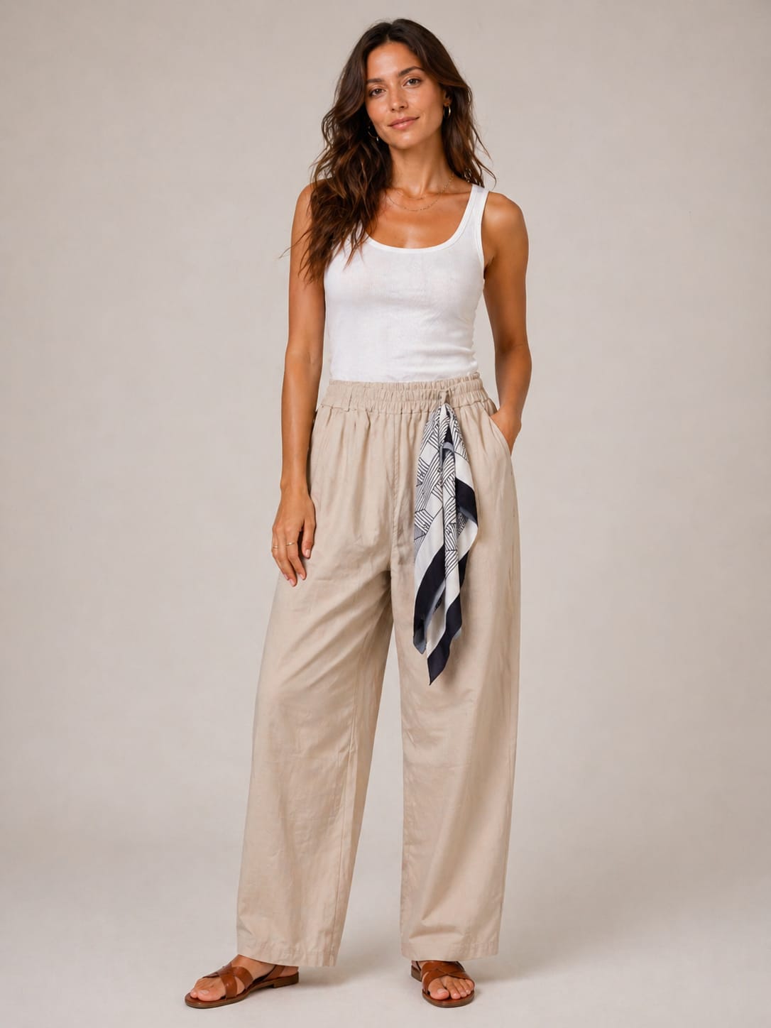 Sand Linen Drawstring Wide-Leg Trouser