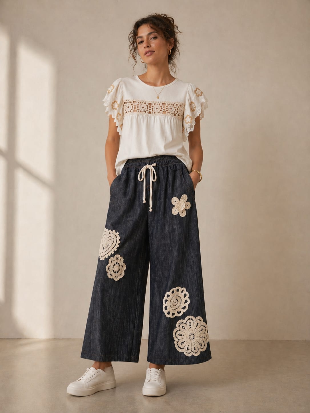 Indigo Crochet Appliqué Wide-Leg Trouser