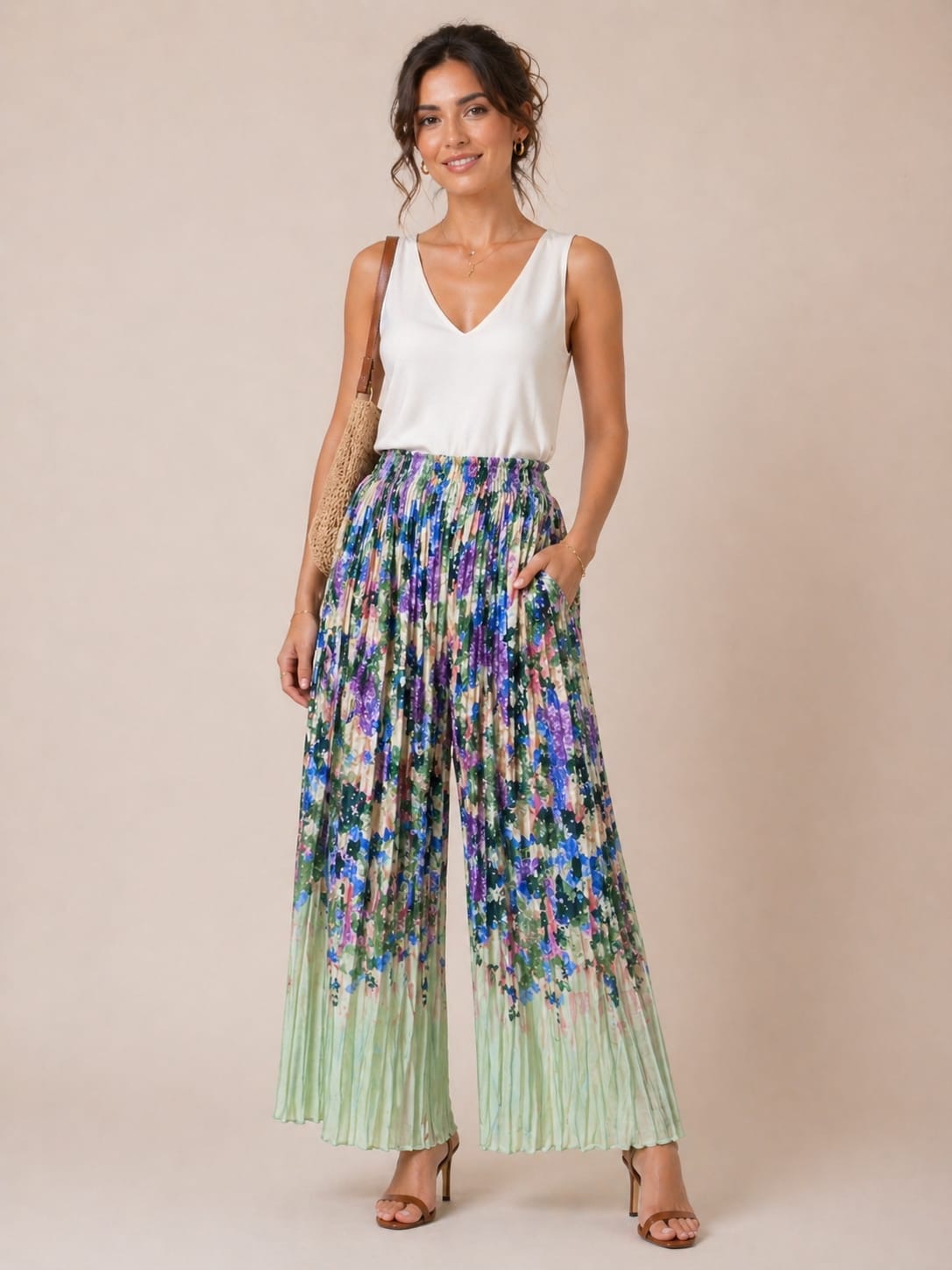Floral Pleated Wide-Leg Trousers