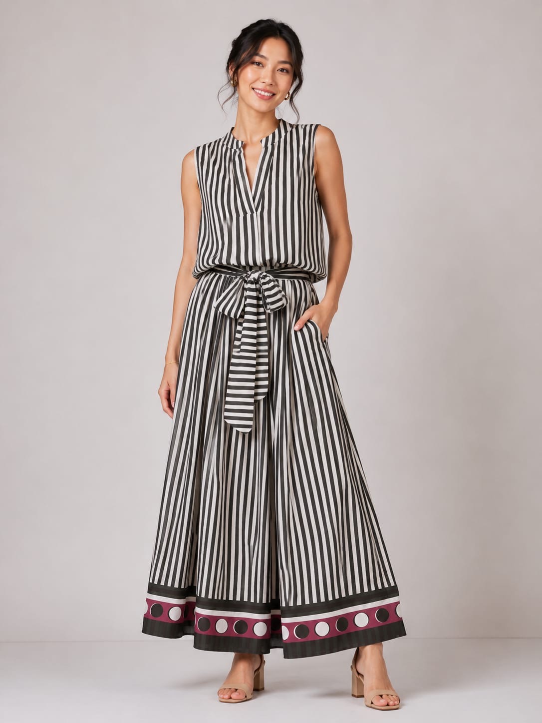 Black & White Stripe Belted Maxi Set
