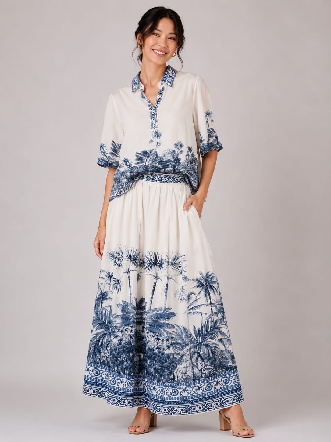 Blue Palm Tree Shirt & Maxi Skirt Set