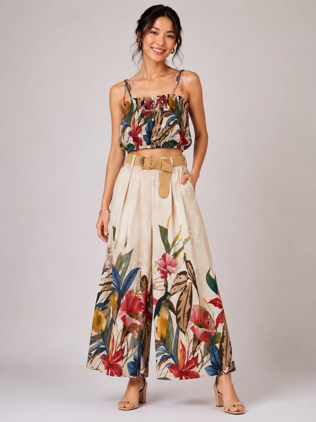 Tropical Floral Crop Top & Wide-Leg Pants Set