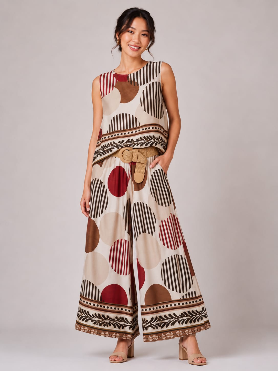 Geometric Circle Sleeveless Top & Wide-Leg Pants Set