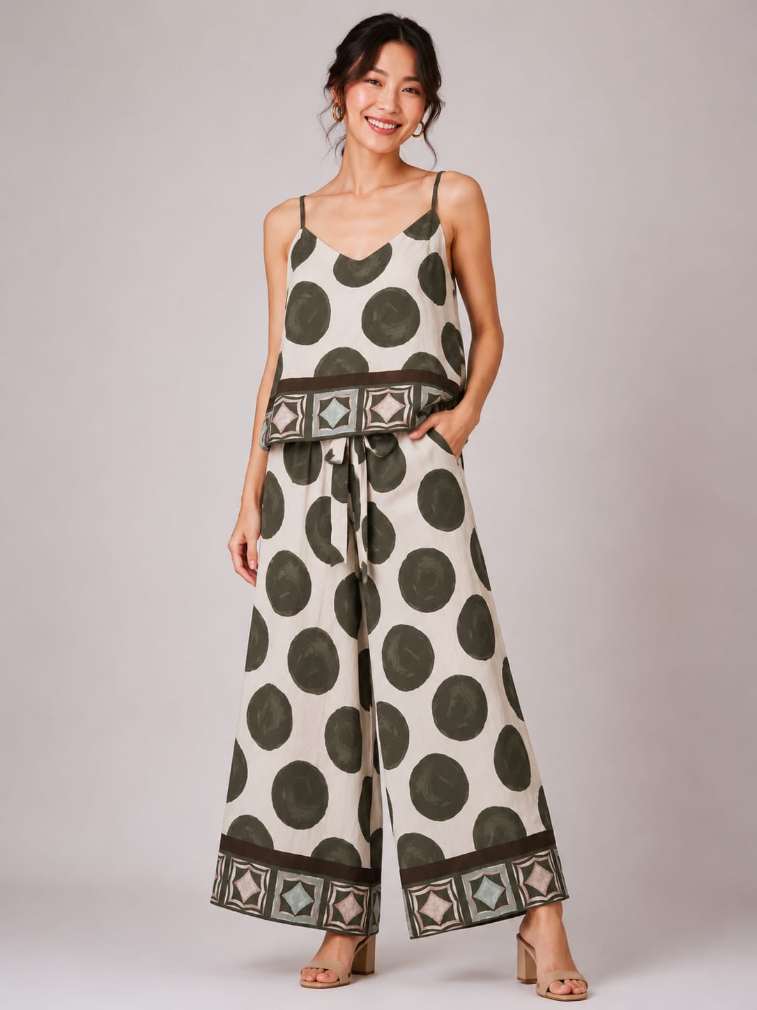 Olive Polka Dot Cami & Wide-Leg Pants Set