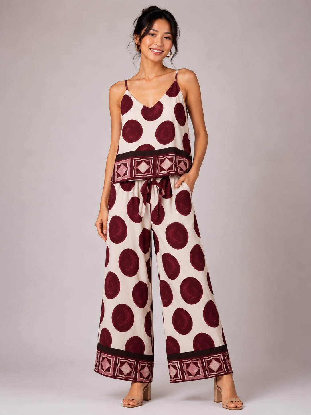 Burgundy Polka Dot Cami & Wide-Leg Pants Set